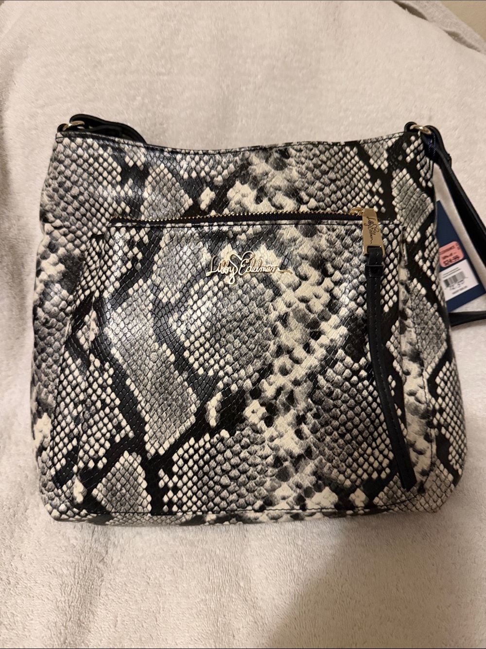 libby. edelman Black and Cream Snake-Print Crossbody